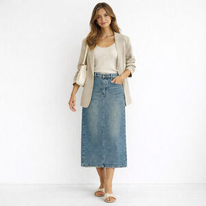 $299 NWT VA KA Studio Denim Jeans Midi Skirt Size 27 Blue Vintage Wash Coastal